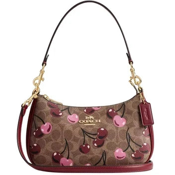 Coach Teri Shoulder Bag Signature Canvas with Cherry Print Tan Brown NW
