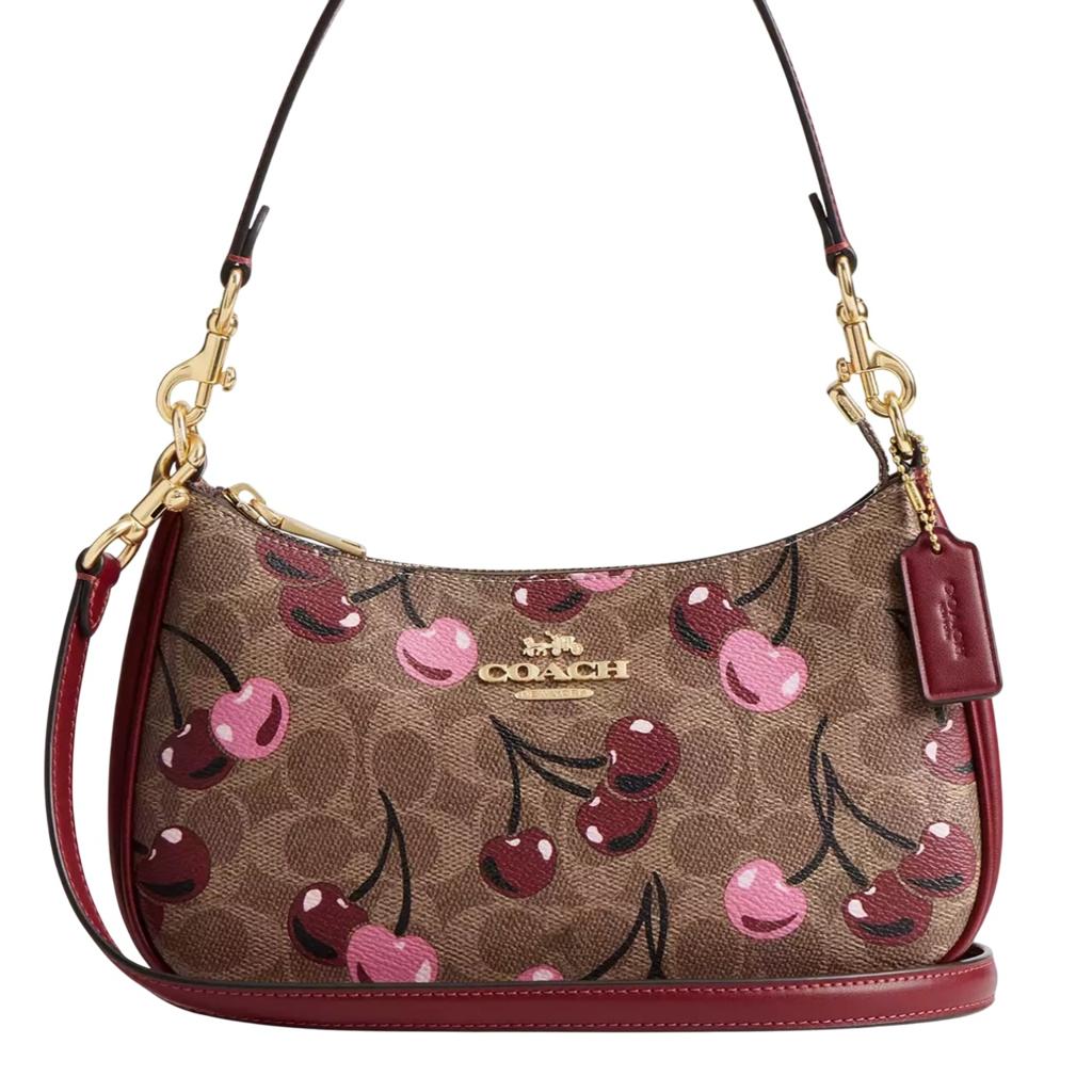 Coach Teri Shoulder Bag Signature Canvas with Cherry Print Tan Brown NW