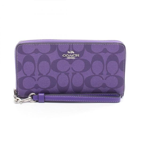 COACH C4452 Long Zip Around Wallet Signature Canvas Sport Purple with Detachable Wrist Strap