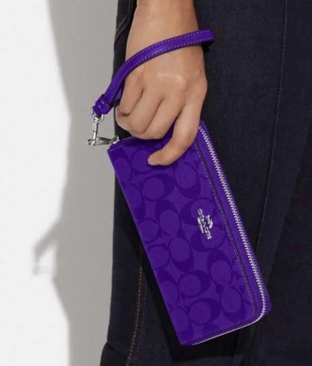 COACH C4452 Long Zip Around Wallet Signature Canvas Sport Purple with Detachable Wrist Strap